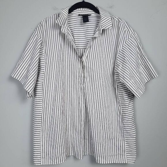 Lafayette 148 Womens Button Front Shirt Size Small White Tan Stripe Short Sleeve - Picture 1 of 7